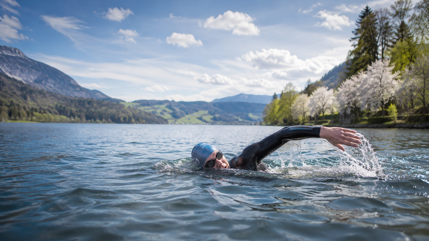 Swimmer in serene lake